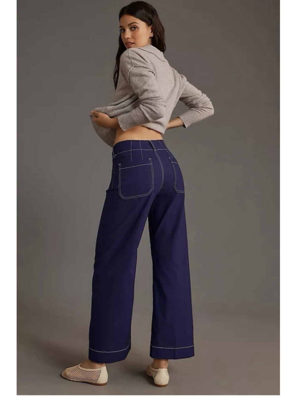 Meave Anthro Colette Crop Wide Leg Pants Contrast Stitch Purple Magic Fabric 28 - Picture 2 of 11